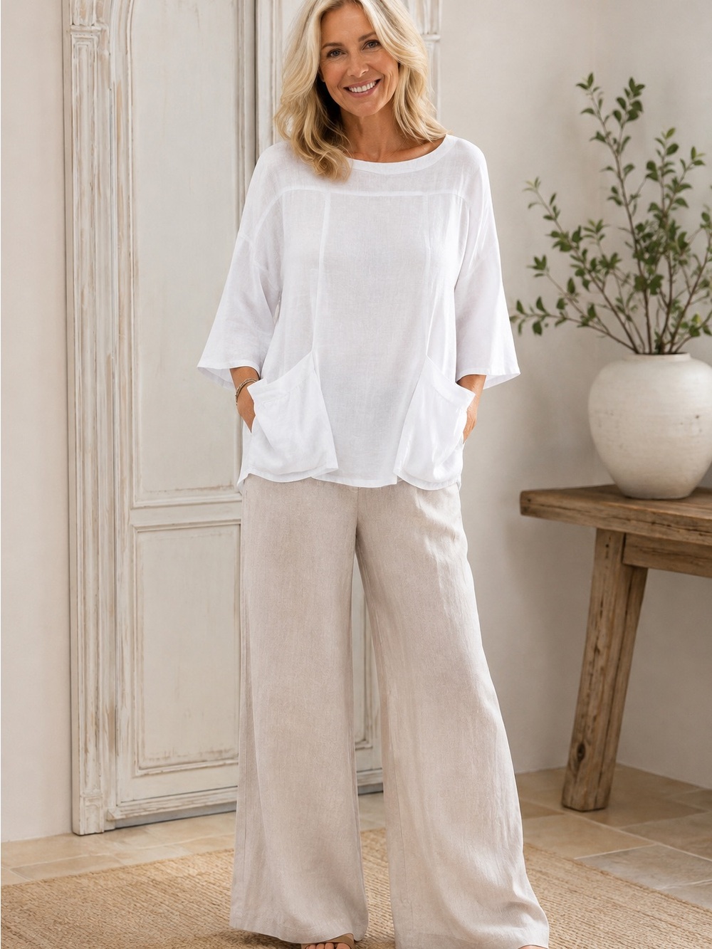 Yuvita White Linen Relaxed Lagenlook Tunic Top Pockets Size L